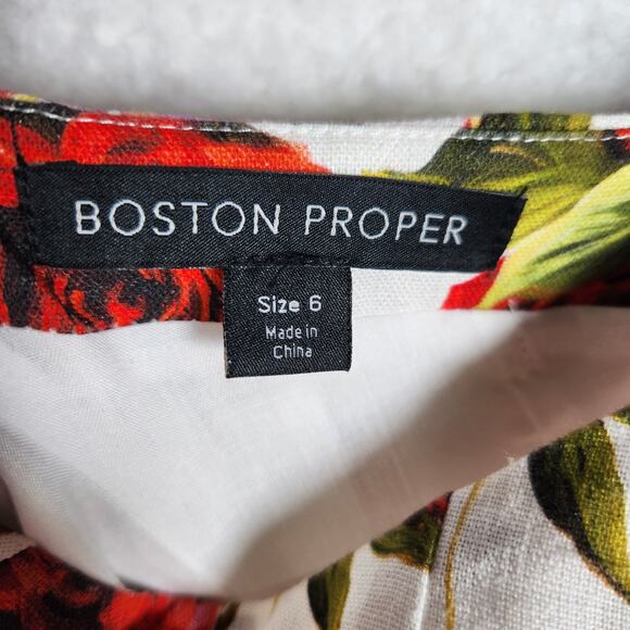 Boston Proper Bias Cut Fit Flare Midi Dress Sz 6 Bright Floral Linen Square Neck - Picture 3 of 16